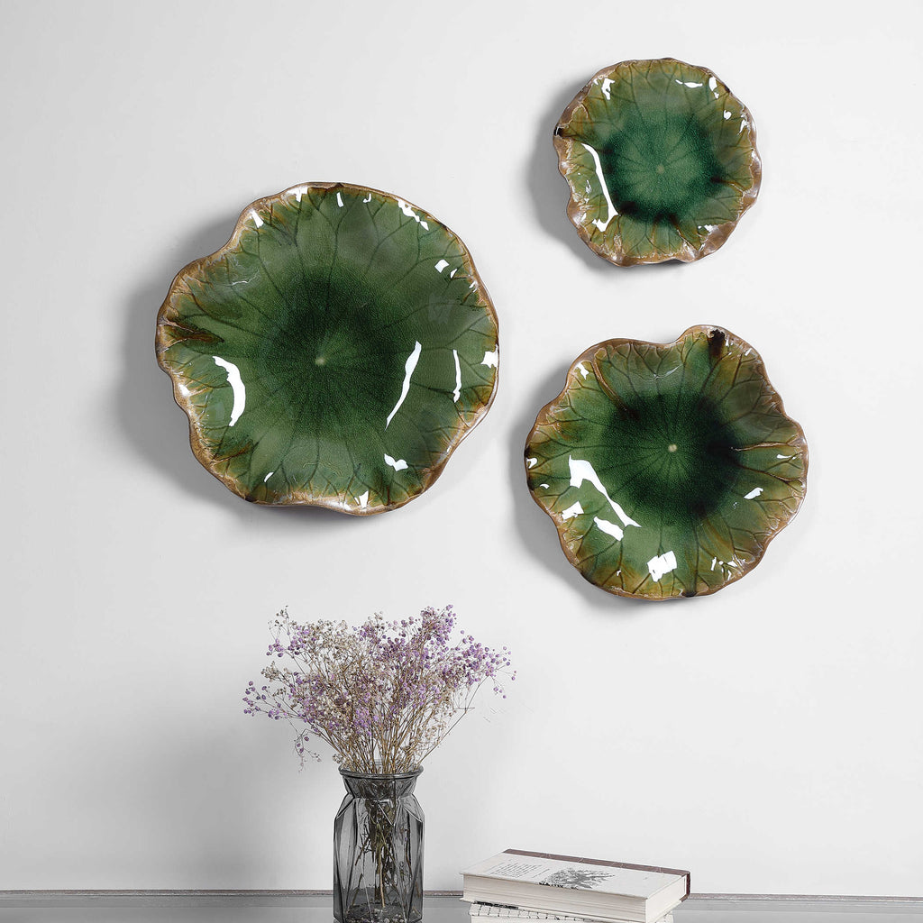 Abella Green Ceramic Wall Decor, set of 3 - Bombay Mercantile