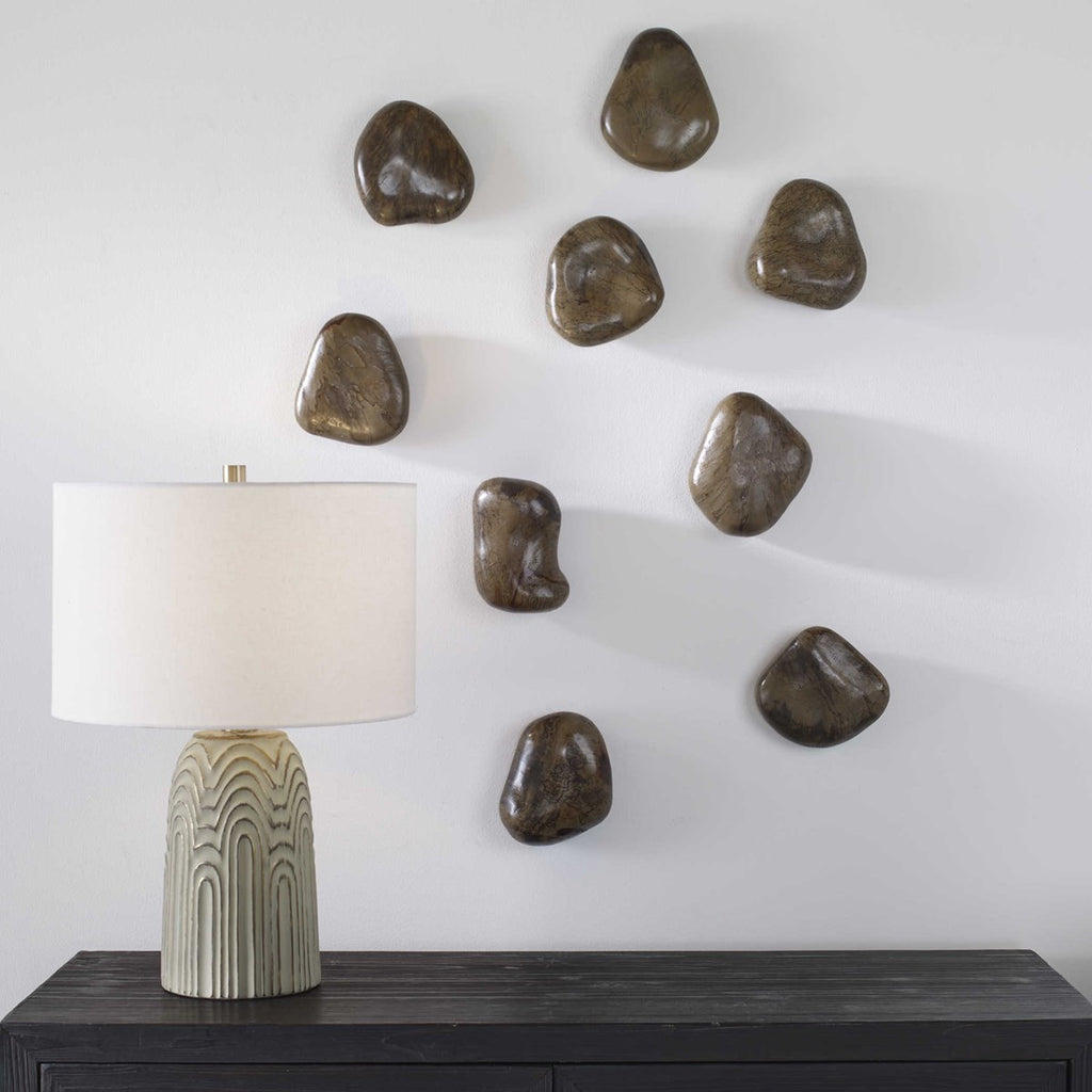 Pebbles Walnut Wood Wall Décor, Set of 9 - Bombay Mercantile