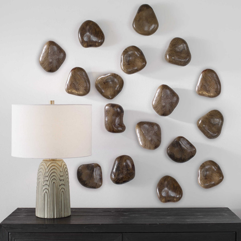 Pebbles Walnut Wood Wall Décor, Set of 9 - Bombay Mercantile