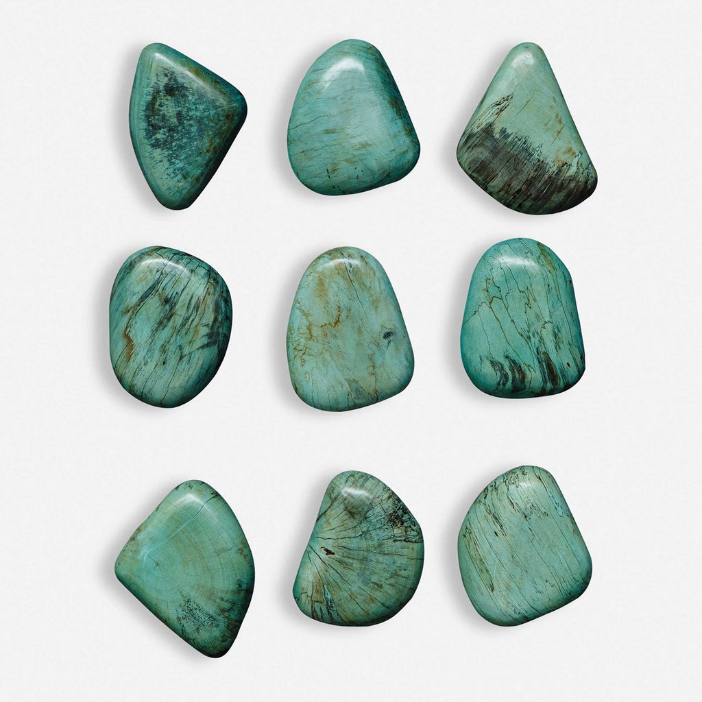 Pebbles Aqua Wood Wall Decor, Set of 9 - Bombay Mercantile