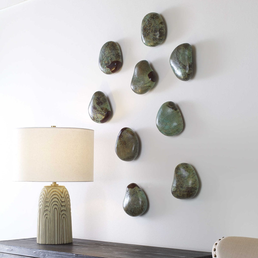Pebbles Aqua Wood Wall Decor, Set of 9 - Bombay Mercantile