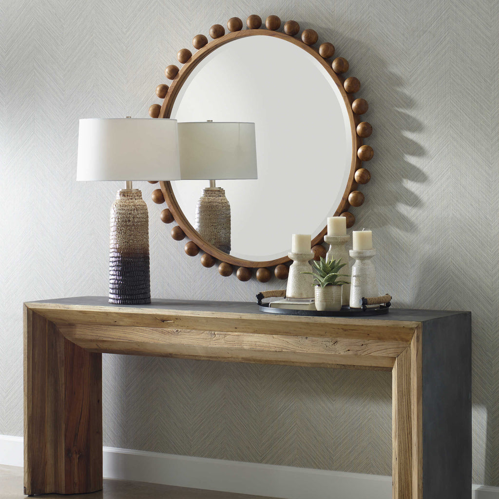Cyra Wood Beaded Round Mirror - Bombay Mercantile