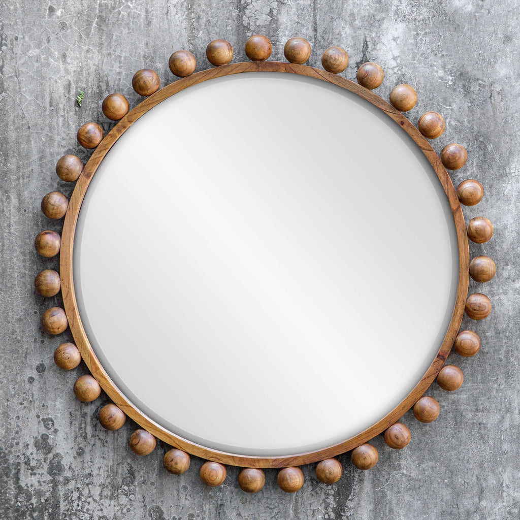 Cyra Wood Beaded Round Mirror - Bombay Mercantile