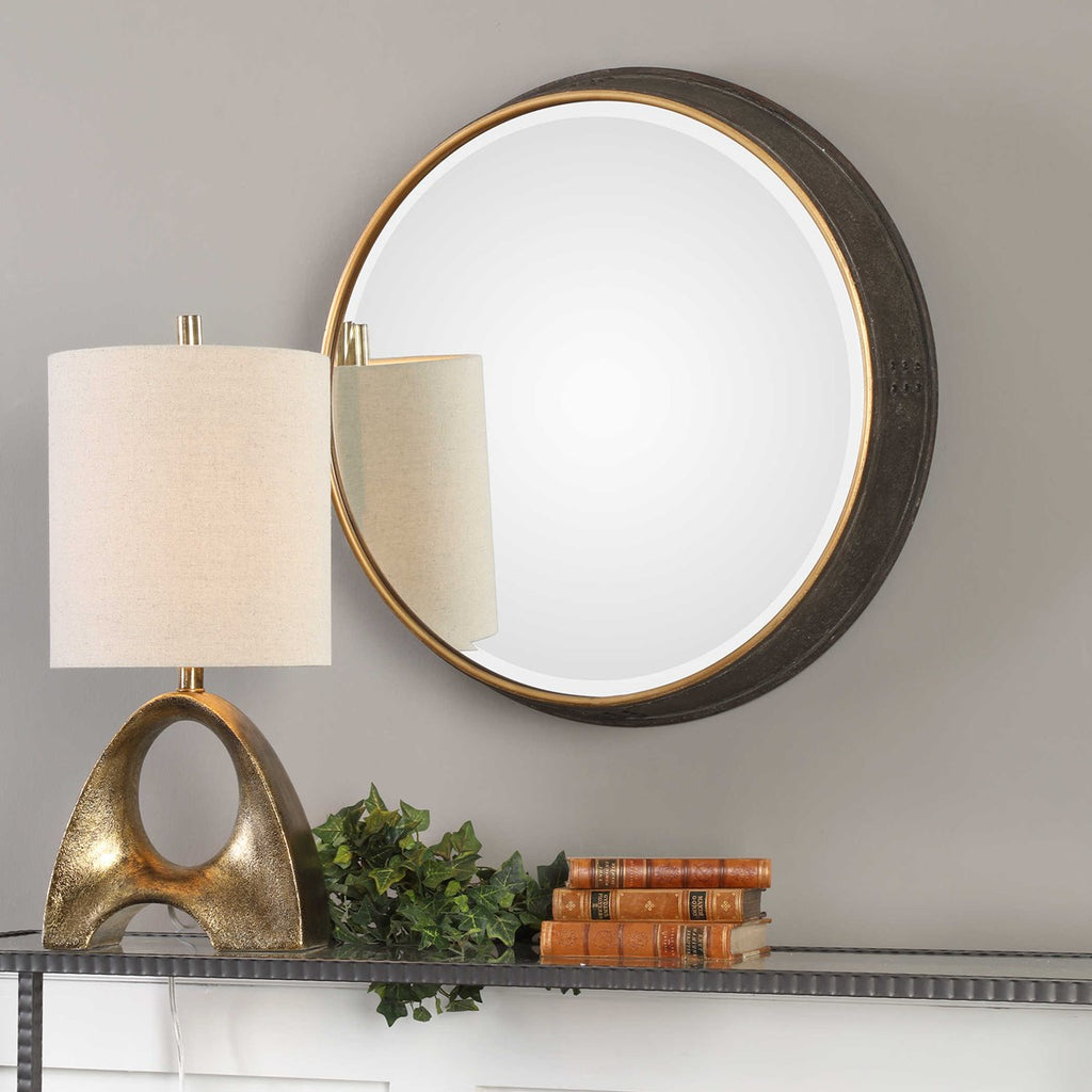 Sturdivant Antiqued Gold Round Mirror - Bombay Mercantile