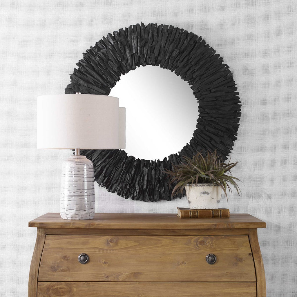 Teak Branch Black Round Mirror - Bombay Mercantile
