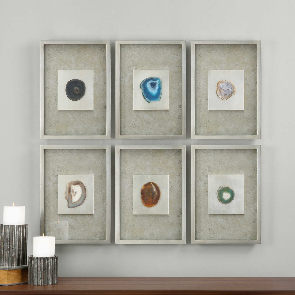 Agate Stone Silver Wall Art ste of 6 - Bombay Mercantile