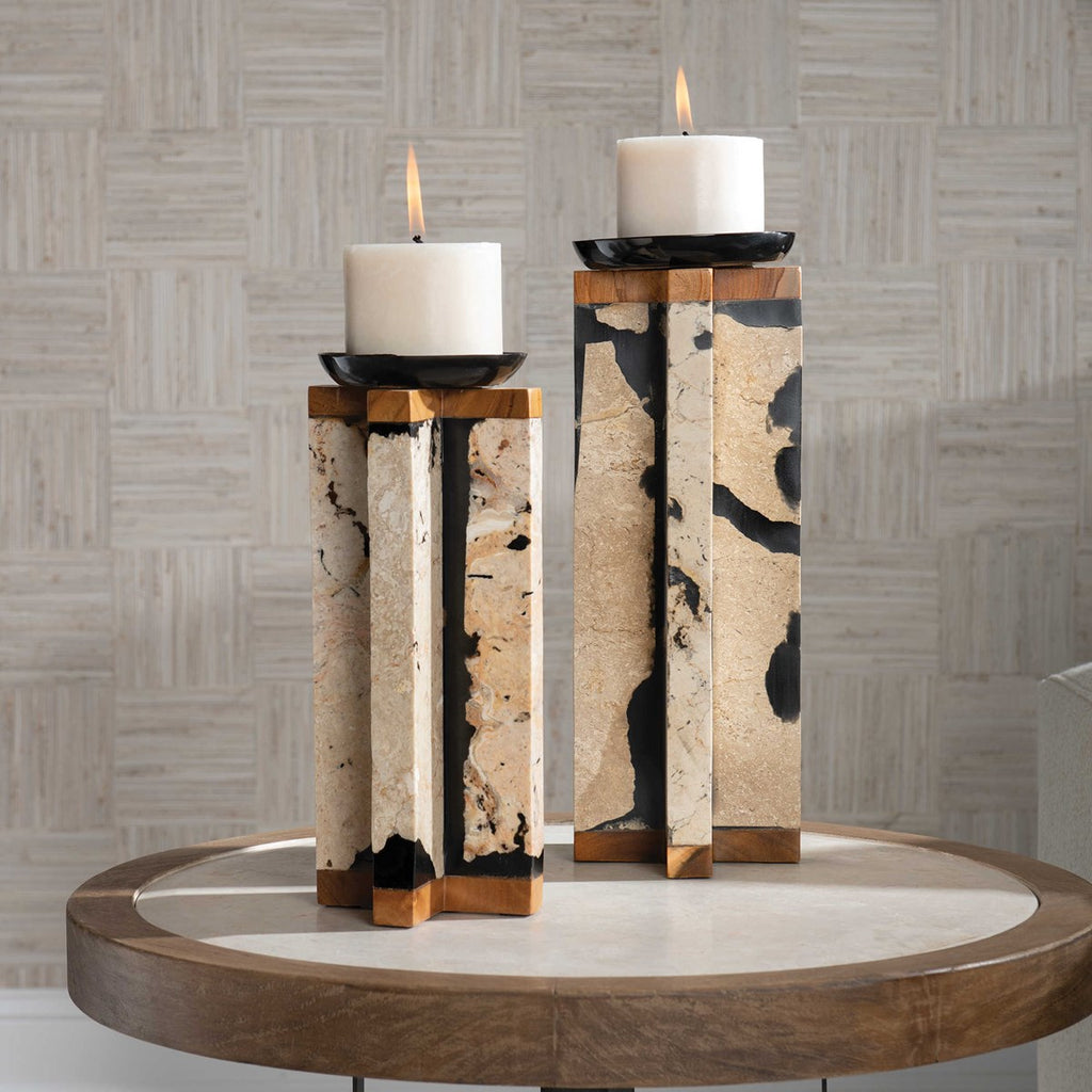 Illini Stone Candleholders, Set of 2 - Bombay Mercantile