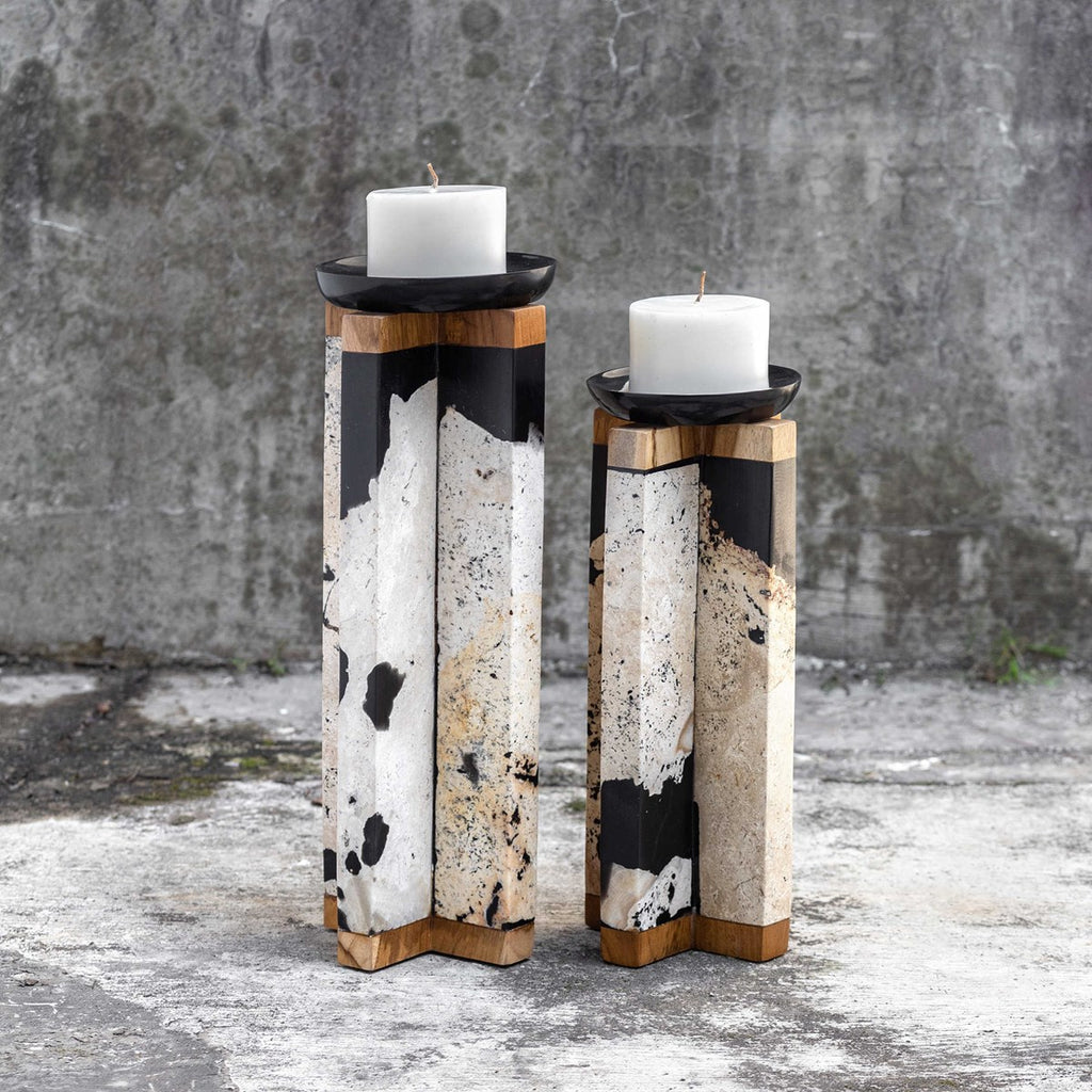 Illini Stone Candleholders, Set of 2 - Bombay Mercantile