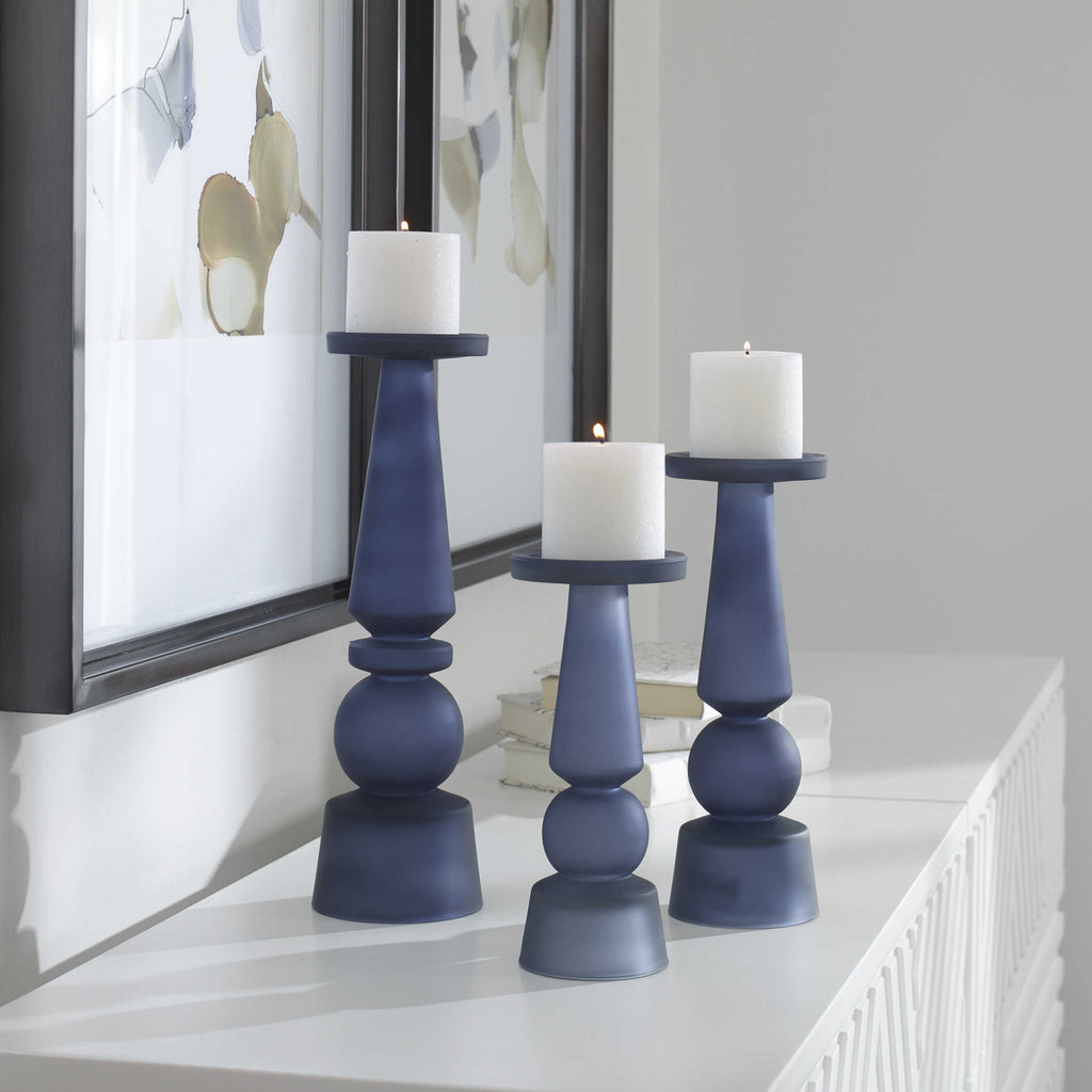 Cassiopeia Blue Glass Candleholders, Set of 3 - Bombay Mercantile