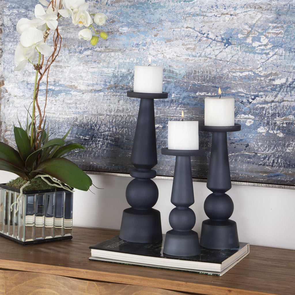 Cassiopeia Blue Glass Candleholders, Set of 3 - Bombay Mercantile
