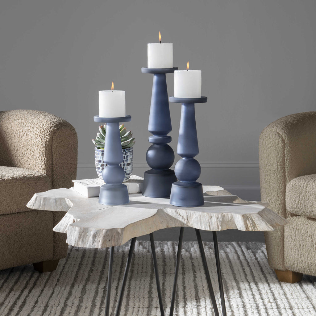 Cassiopeia Blue Glass Candleholders, Set of 3 - Bombay Mercantile
