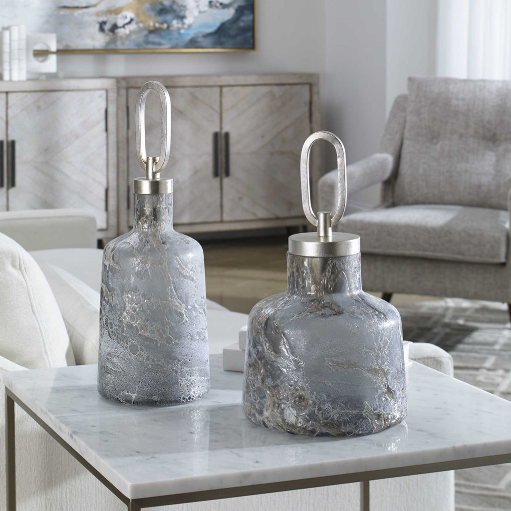 Storm Art Glass Bottles, Set of 2 - Bombay Mercantile