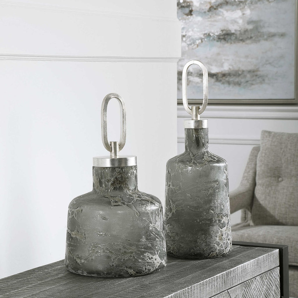 Storm Art Glass Bottles, Set of 2 - Bombay Mercantile