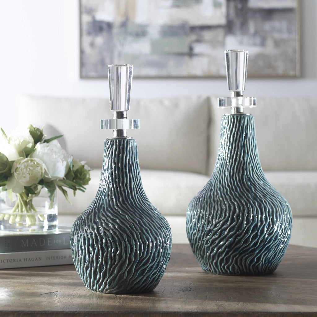 Almera Dark Teal Bottles, Set of 2 - Bombay Mercantile
