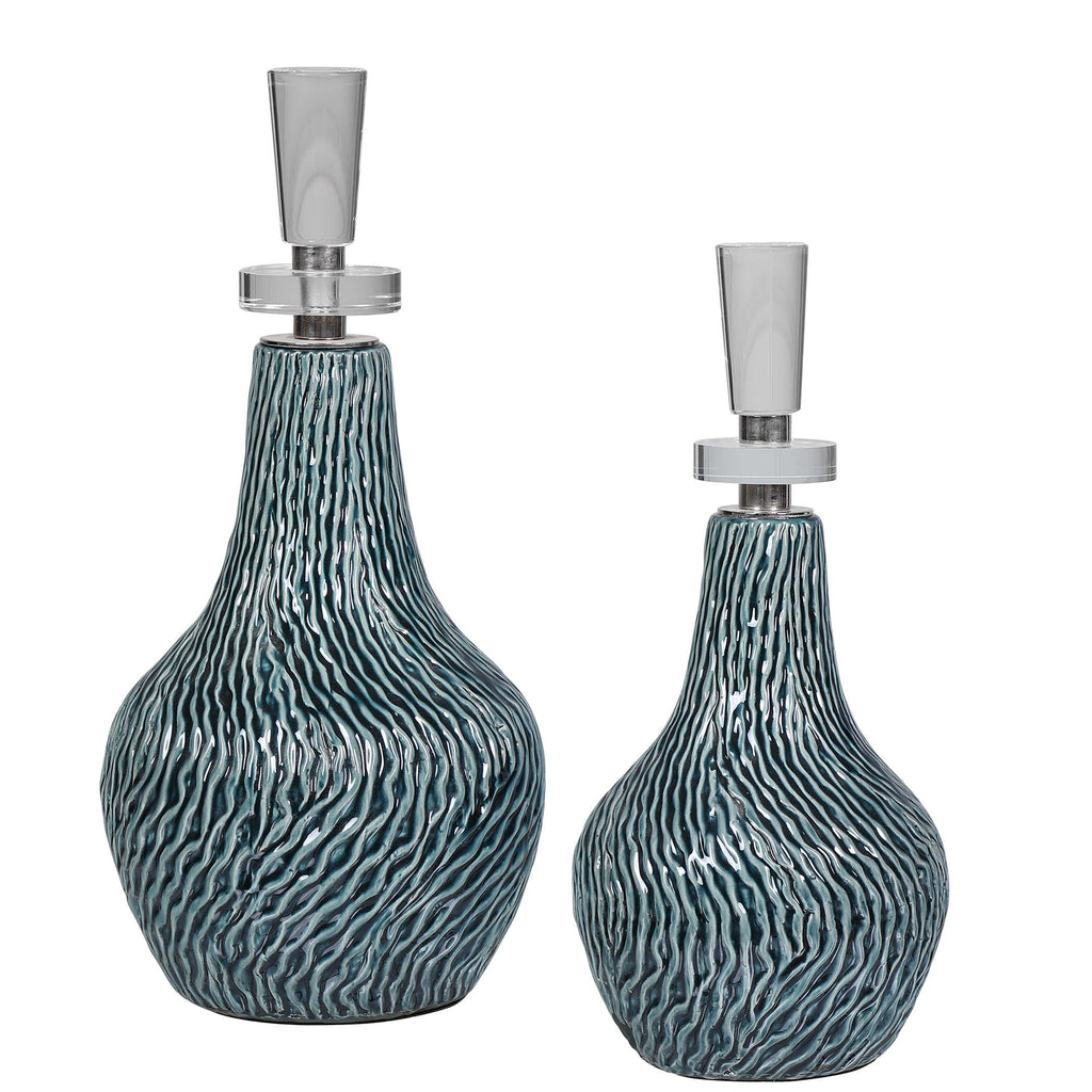 Almera Dark Teal Bottles, Set of 2 - Bombay Mercantile