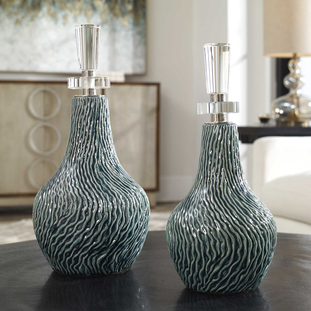 Almera Dark Teal Bottles, Set of 2 - Bombay Mercantile
