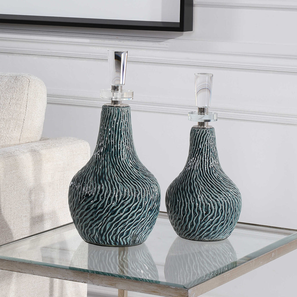 Almera Dark Teal Bottles, Set of 2 - Bombay Mercantile