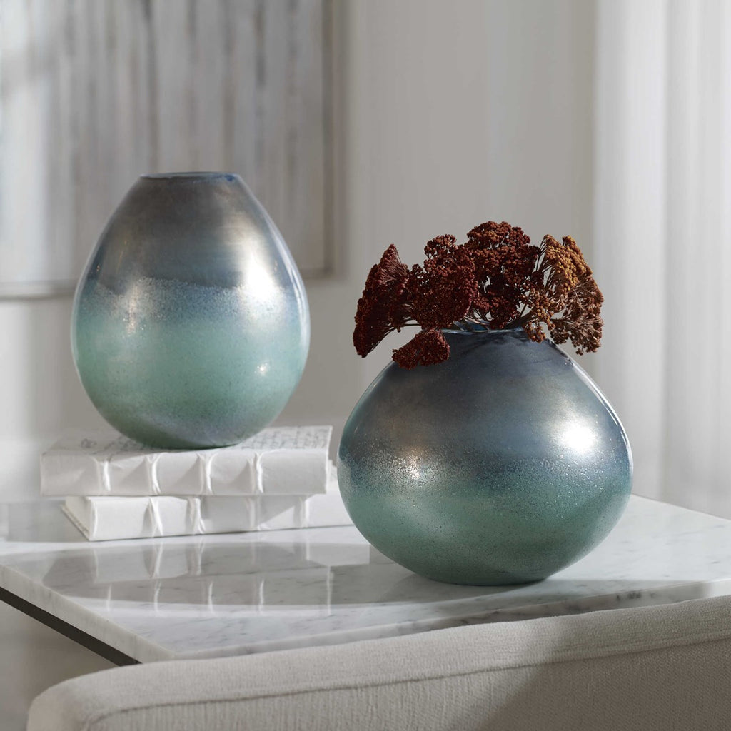 Rian Aqua Bronze Vases, Set of 2 - Bombay Mercantile