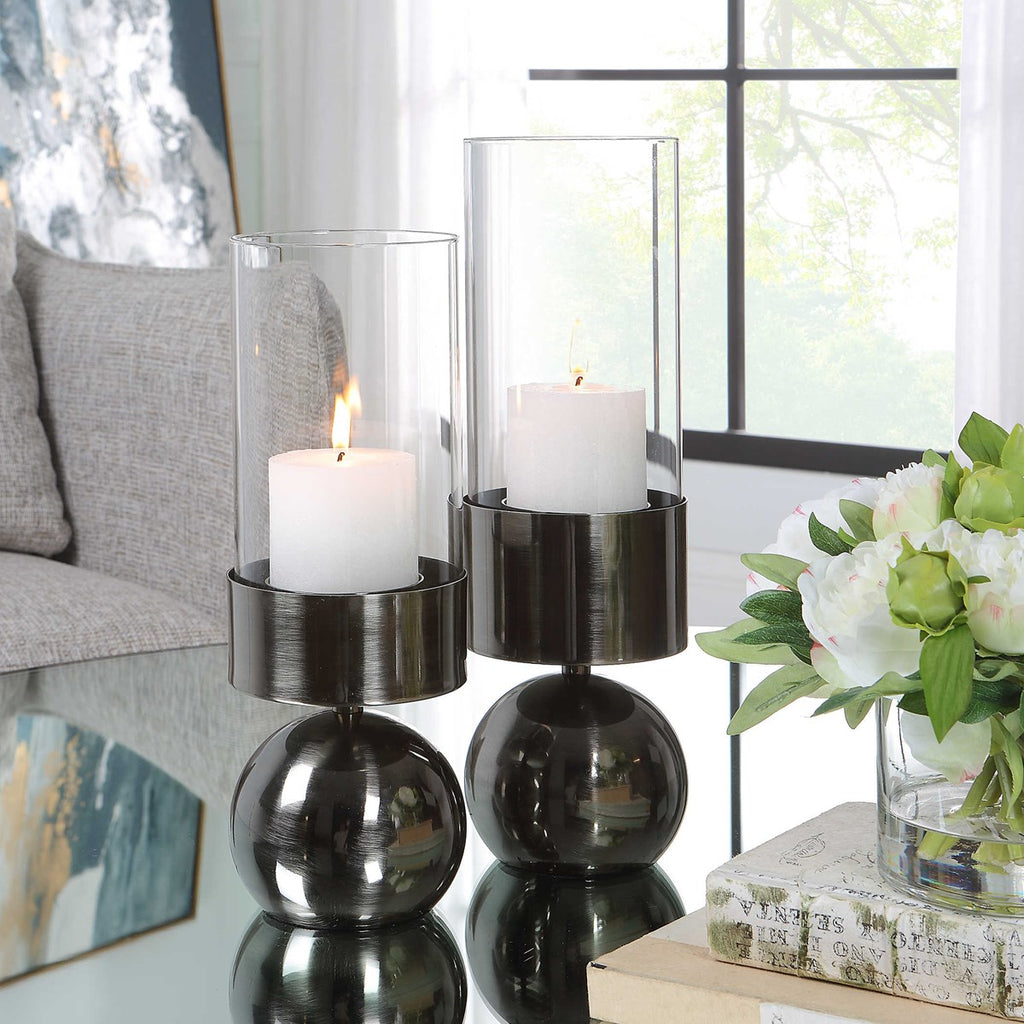 Tilston Gunmetal Candleholders, Set of 2 - Bombay Mercantile