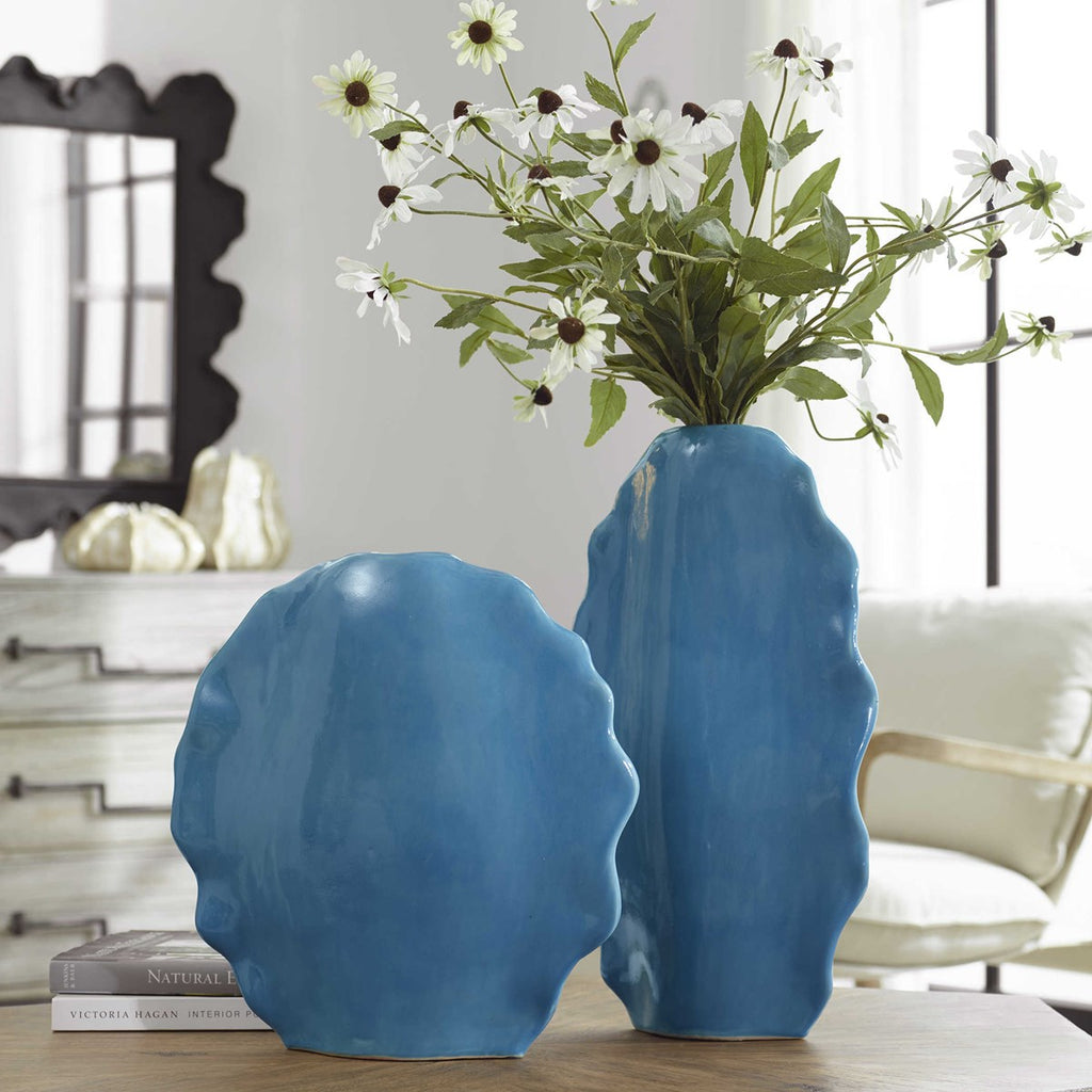 Ruffled Feathers Blue Vases, Set of 2 - Bombay Mercantile