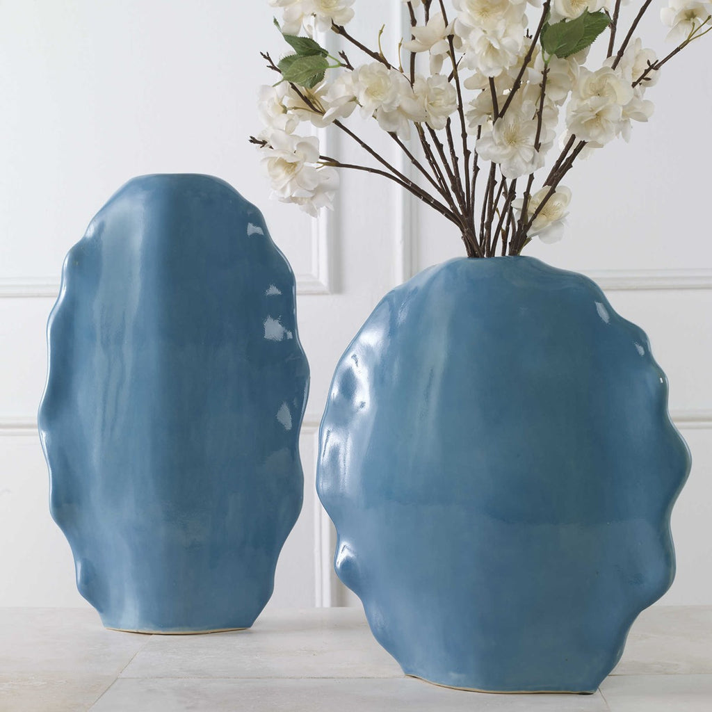Ruffled Feathers Blue Vases, Set of 2 - Bombay Mercantile