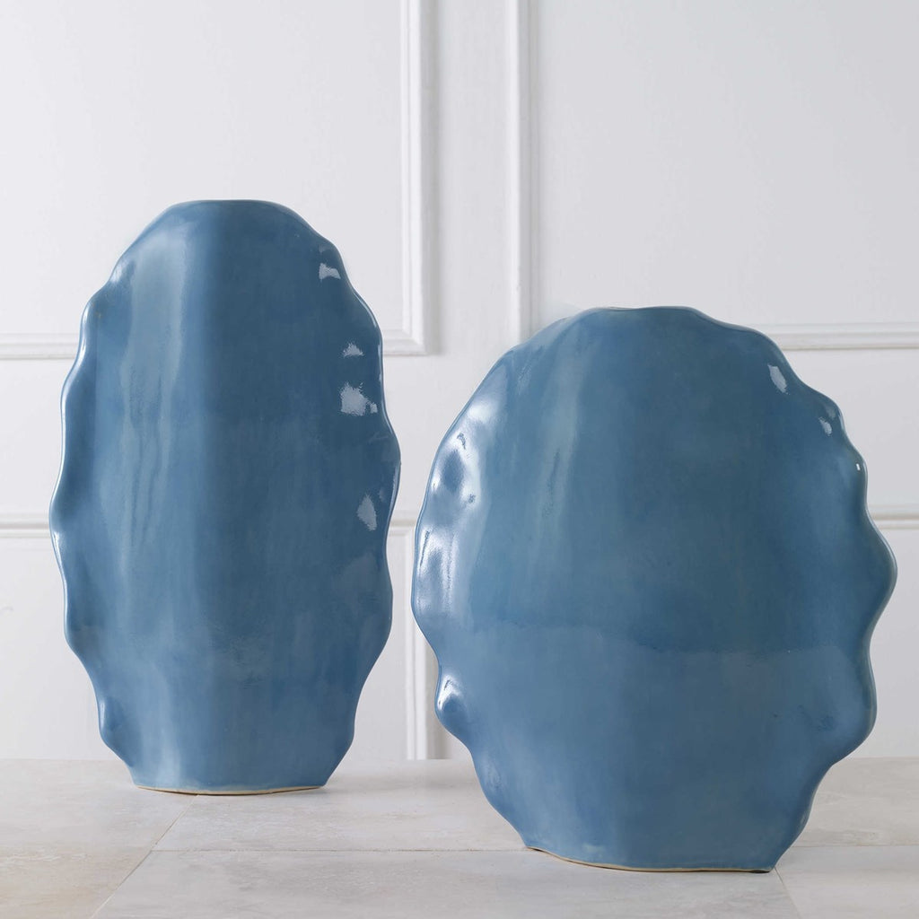 Ruffled Feathers Blue Vases, Set of 2 - Bombay Mercantile