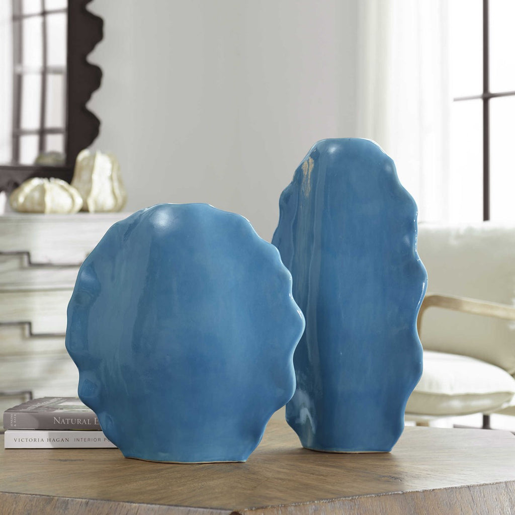 Ruffled Feathers Blue Vases, Set of 2 - Bombay Mercantile