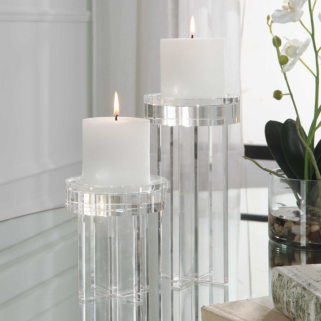 Crystal Pillar Candleholders, Set of 2 - Bombay Mercantile