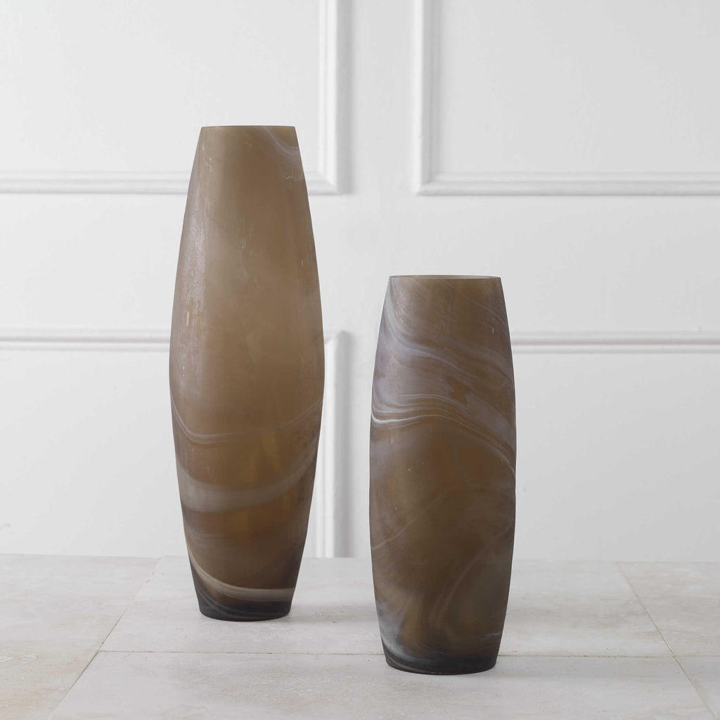 Delicate Swirl Caramel Glass Vases, Set of 2 - Bombay Mercantile