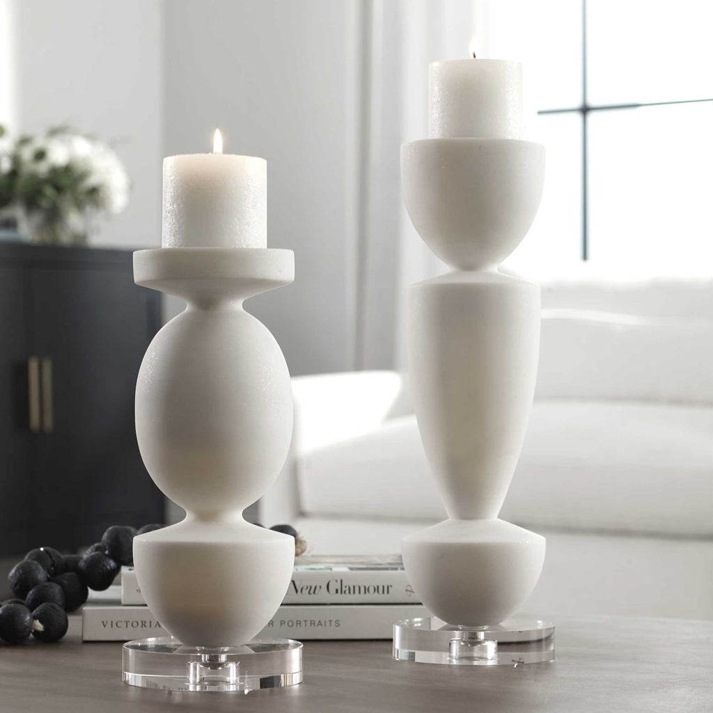 Lido White Stone Candleholders, Set of 2 - Bombay Mercantile