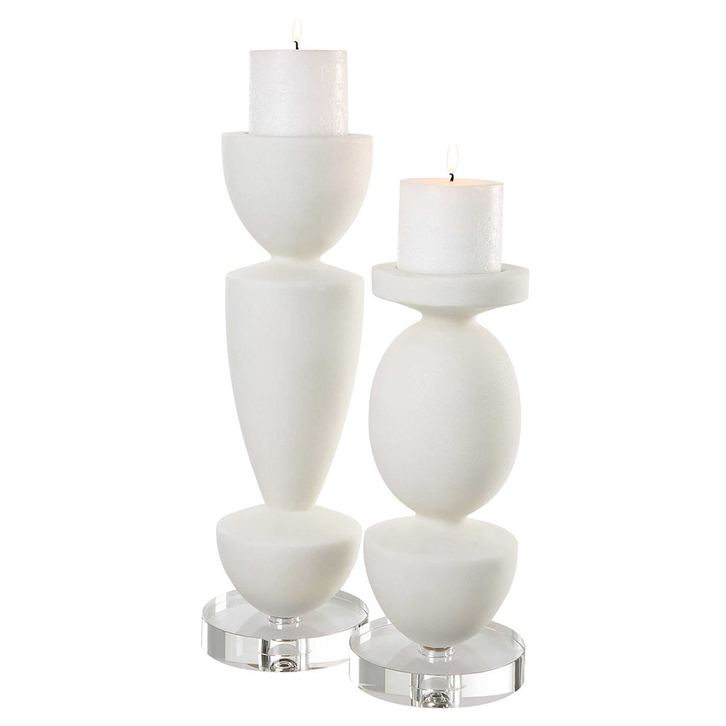 Lido White Stone Candleholders, Set of 2 - Bombay Mercantile
