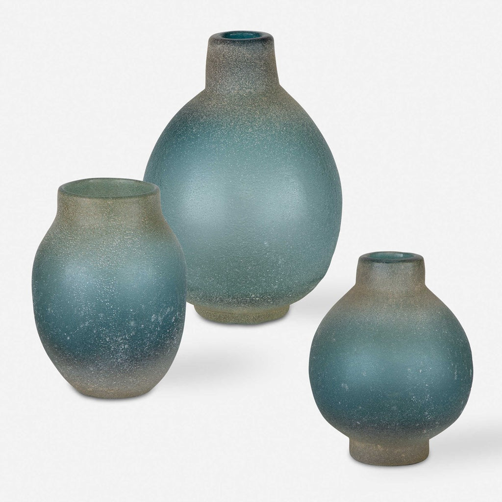 Mercede Weathered Blue-Green Vases Set of 3 - Bombay Mercantile