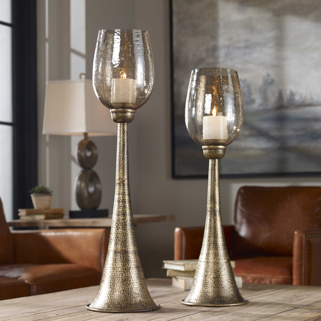 Badal Antiqued Gold Candleholders Set of 2 - Bombay Mercantile