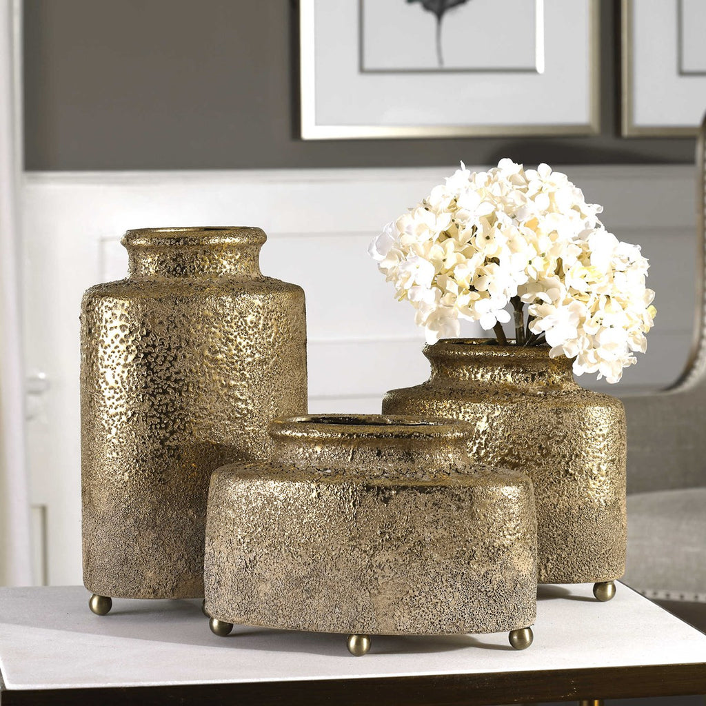 Kallie Metallic Golden Vessels Set of 3 - Bombay Mercantile