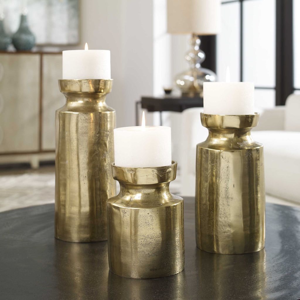 Amina Antique Brass Candleholders Set of 3 - Bombay Mercantile