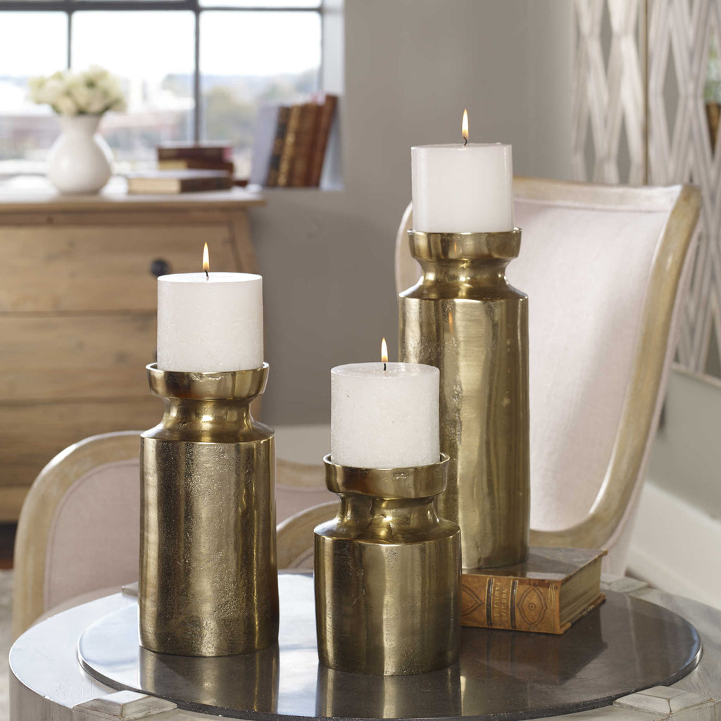 Amina Antique Brass Candleholders Set of 3 - Bombay Mercantile