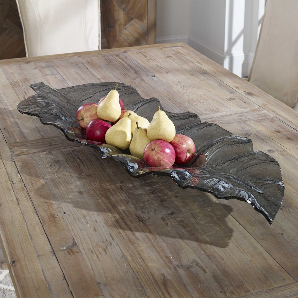 Smoked Leaf Glass Tray - Bombay Mercantile