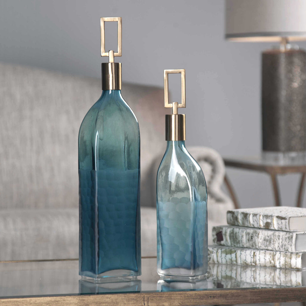 Annabella Teal Glass Bottles, Set of 2 - Bombay Mercantile