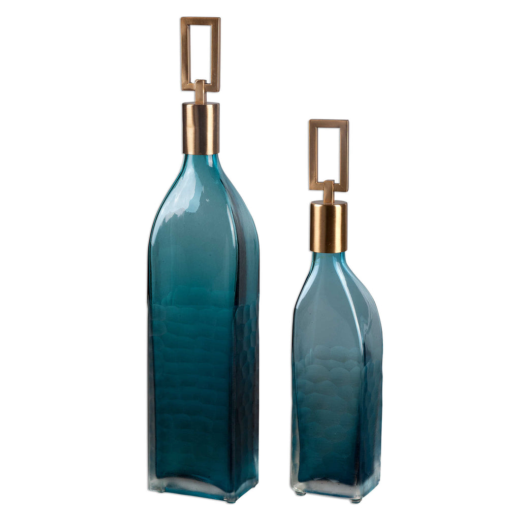 Annabella Teal Glass Bottles, Set of 2 - Bombay Mercantile