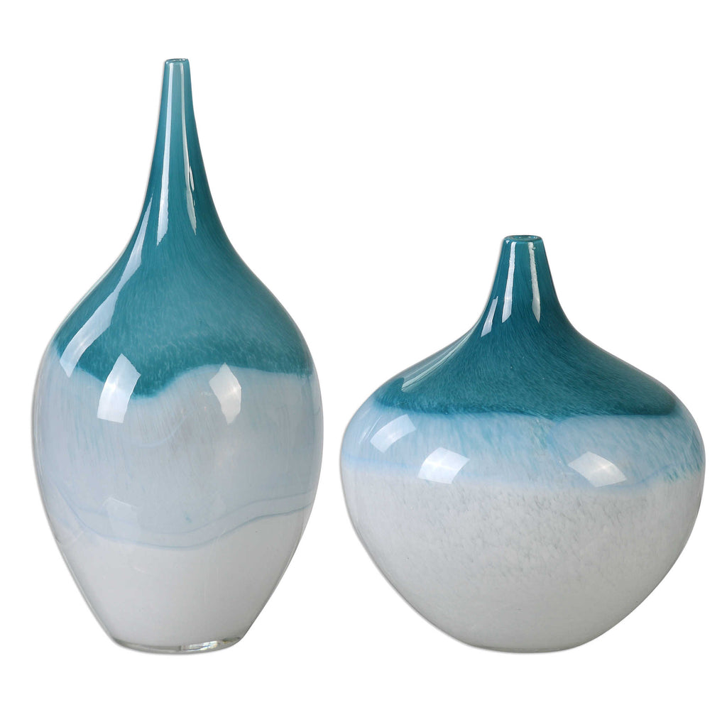 Carla Teal White Vases, Set of 2 - Bombay Mercantile