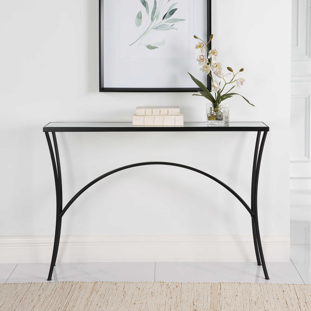 Alayna Black Metal & Glass Console Table - Bombay Mercantile