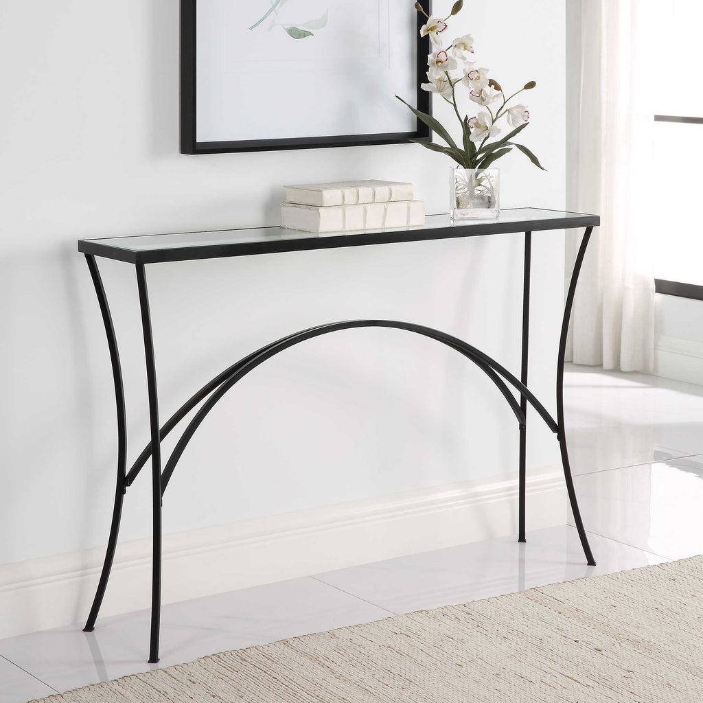 Alayna Black Metal & Glass Console Table - Bombay Mercantile