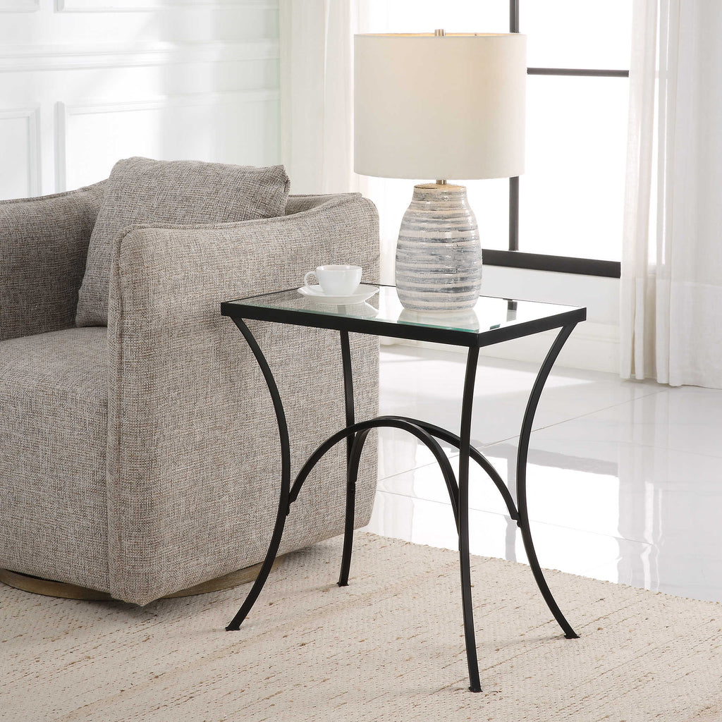 Alayna Black Metal & Glass End Table - Bombay Mercantile