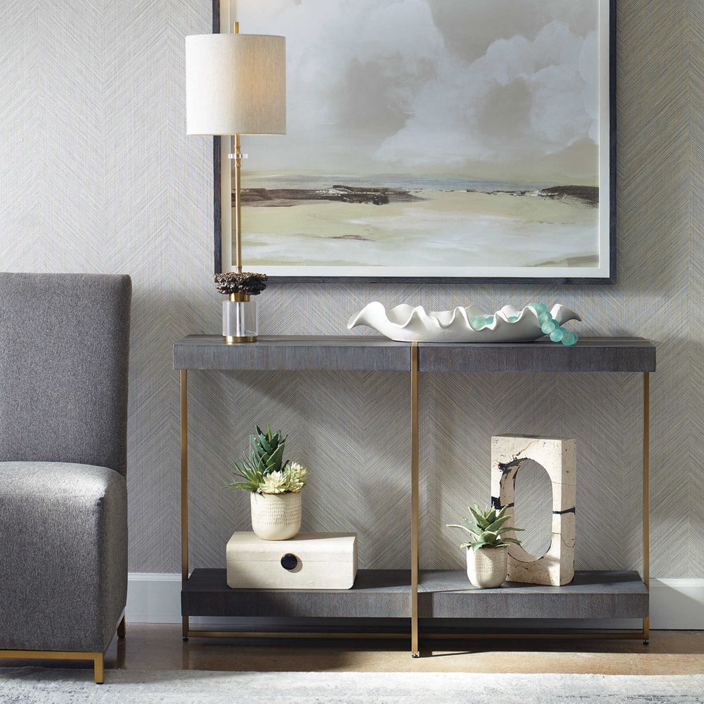 Taja Modern Brass / Wood Console Table - Bombay Mercantile