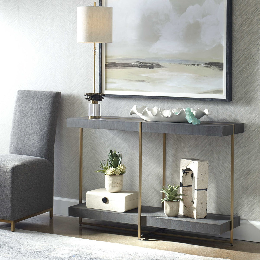 Taja Modern Brass / Wood Console Table - Bombay Mercantile