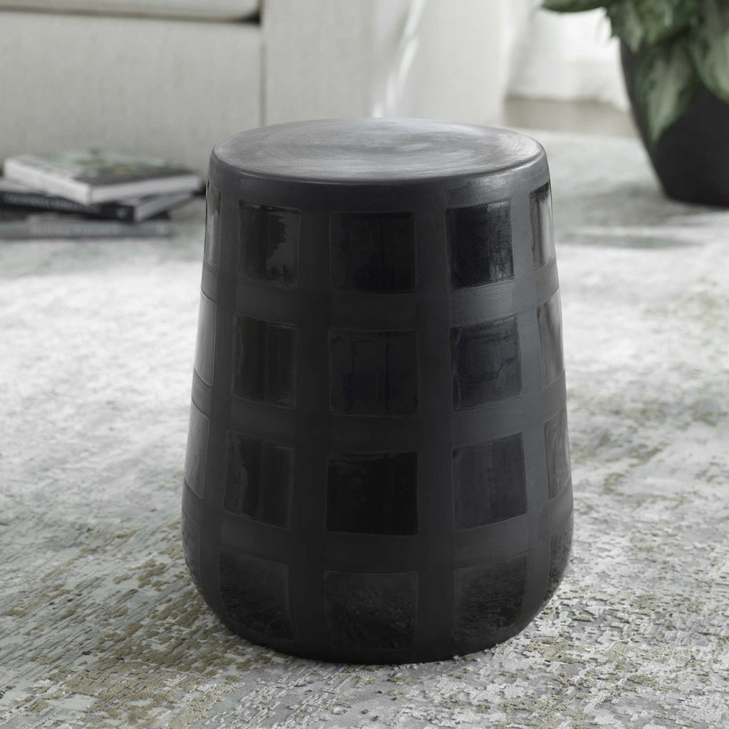 Patchwork Gridded Black Garden Stool - Bombay Mercantile