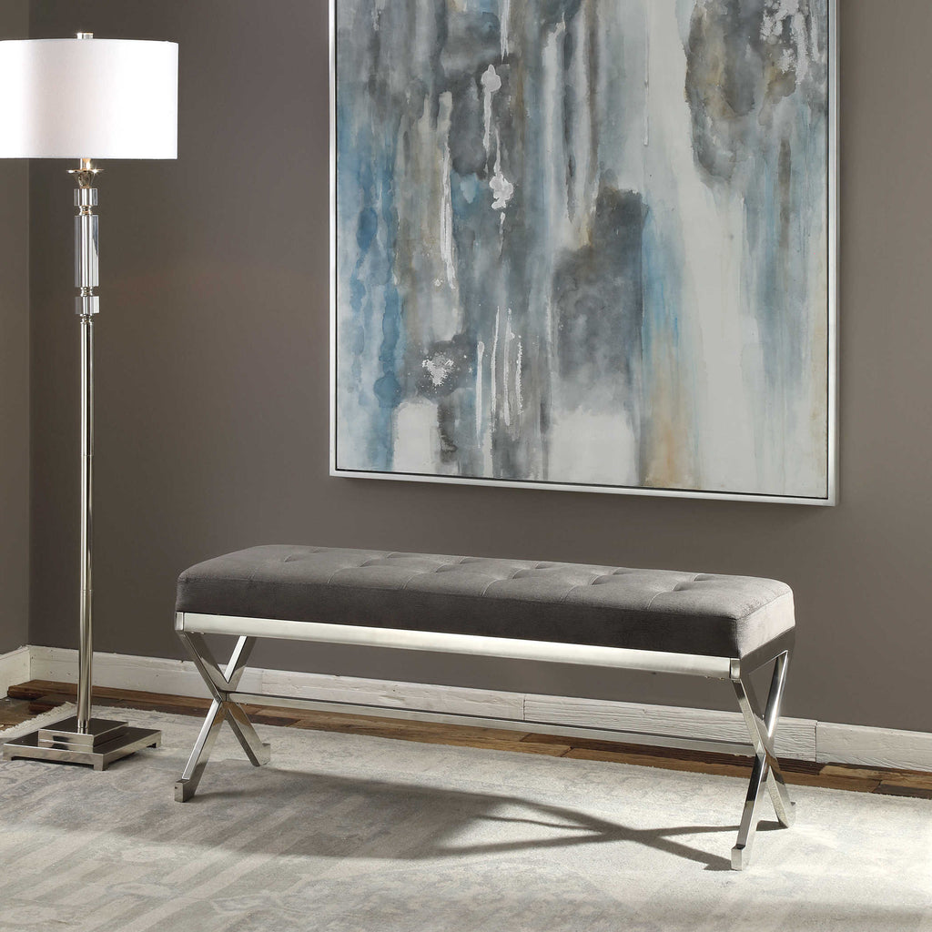 Bijou Gray Fabric Bench - Bombay Mercantile