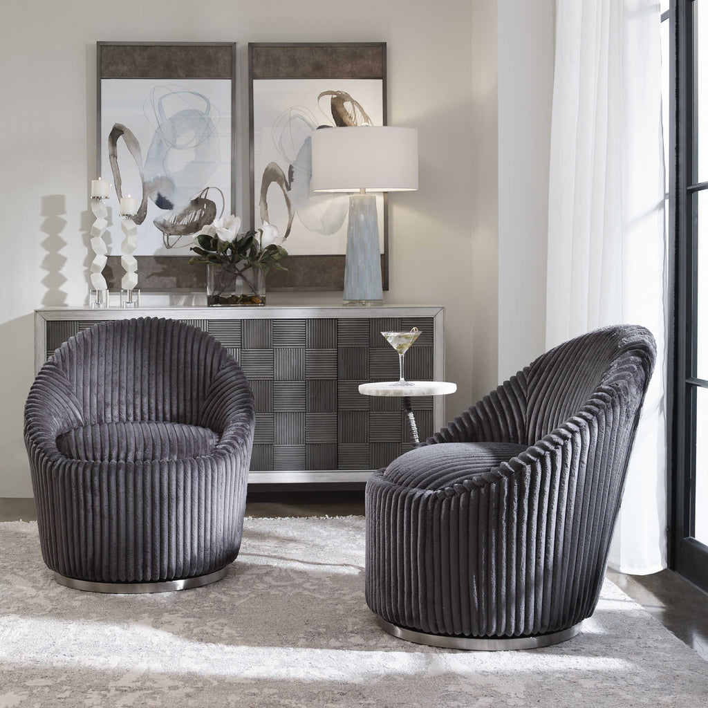 Crue Gray Fabric Swivel Chair - Bombay Mercantile