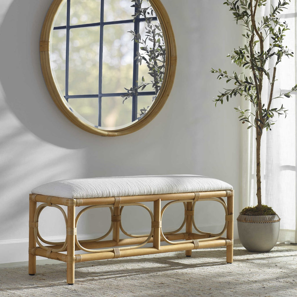 Laguna White Fabric Rattan Bench - Bombay Mercantile
