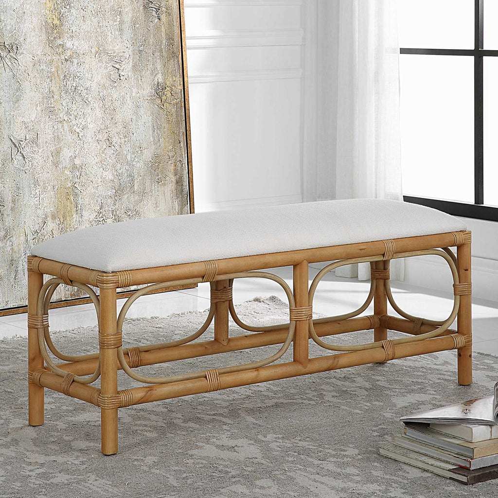 Laguna White Fabric Rattan Bench - Bombay Mercantile